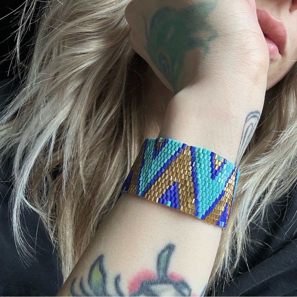 Earthbound Beaded Blue and Gold Boho Cuff Bracelet - Picture 1 of 6